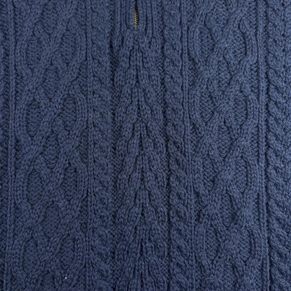Aran Sweater Market XL Navy Blue 100% Wool Fisherman Cable Knit 1/4 Zip Ireland